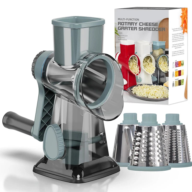 3 in 1 Rotary Cheese Grater Versatile Manual Vegetable Slicer, Peanut Nuts Grinder, Cheese Vegetable Shredder Clear JT242.