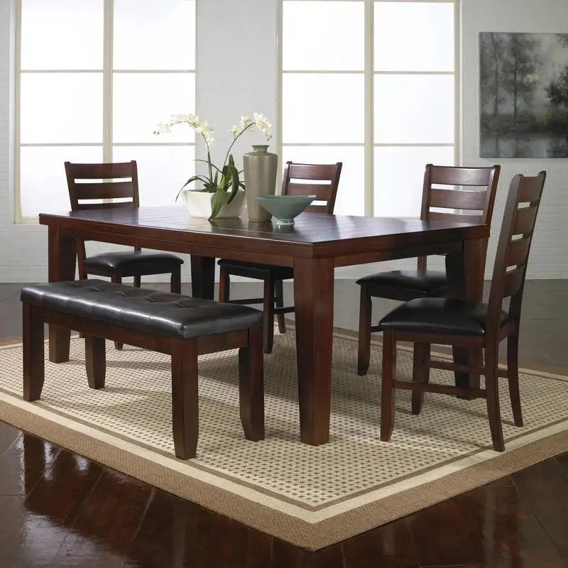 Contemporary 6-Piece Dining Set, 18" Extendable Leaf Table, Upholstered Chairs and Bench, Solid Wood, Brown Finish.