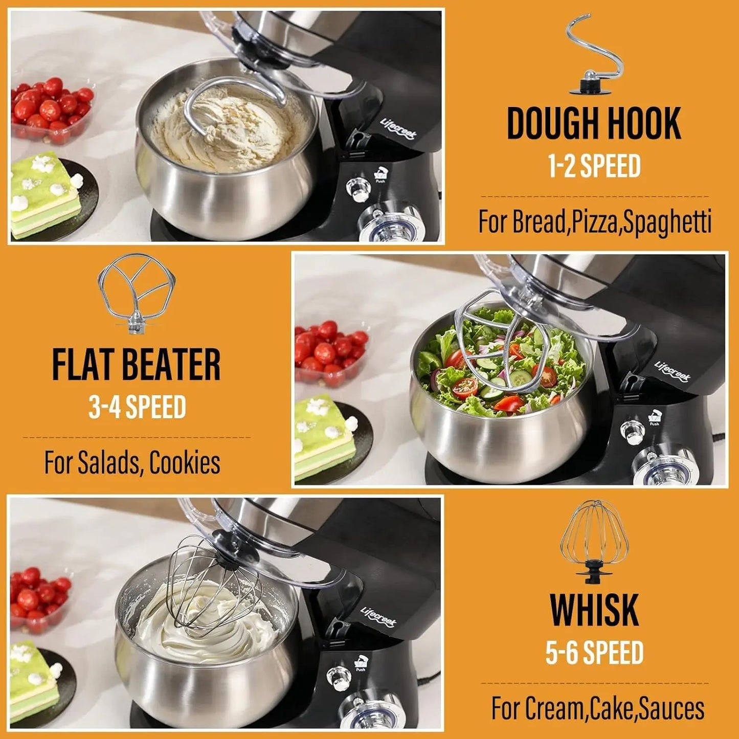 3-in-1 Multifunctional Stand Mixer, 5.3Qt 660W, 6-Speed Tilt-head with Stainless Steel Bowl, Meat Grinder, Juice Blender.