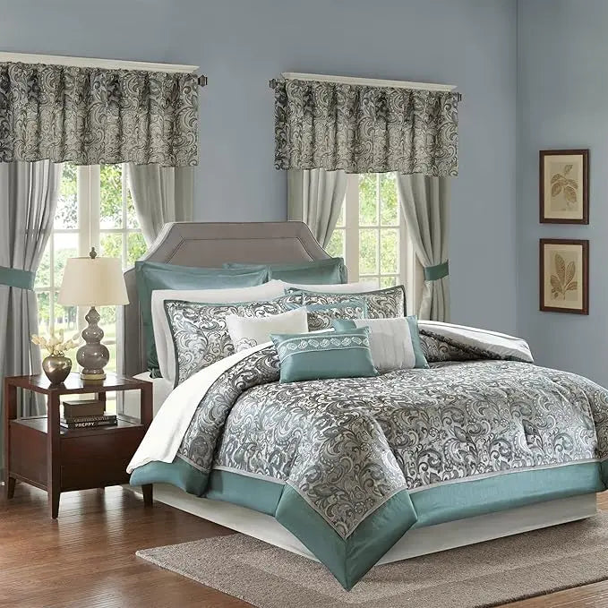 Madison Park Essentials Brystol 24-Piece Bedding Set, with Faux Silk Comforter and Jacquard Paisley Curtains.