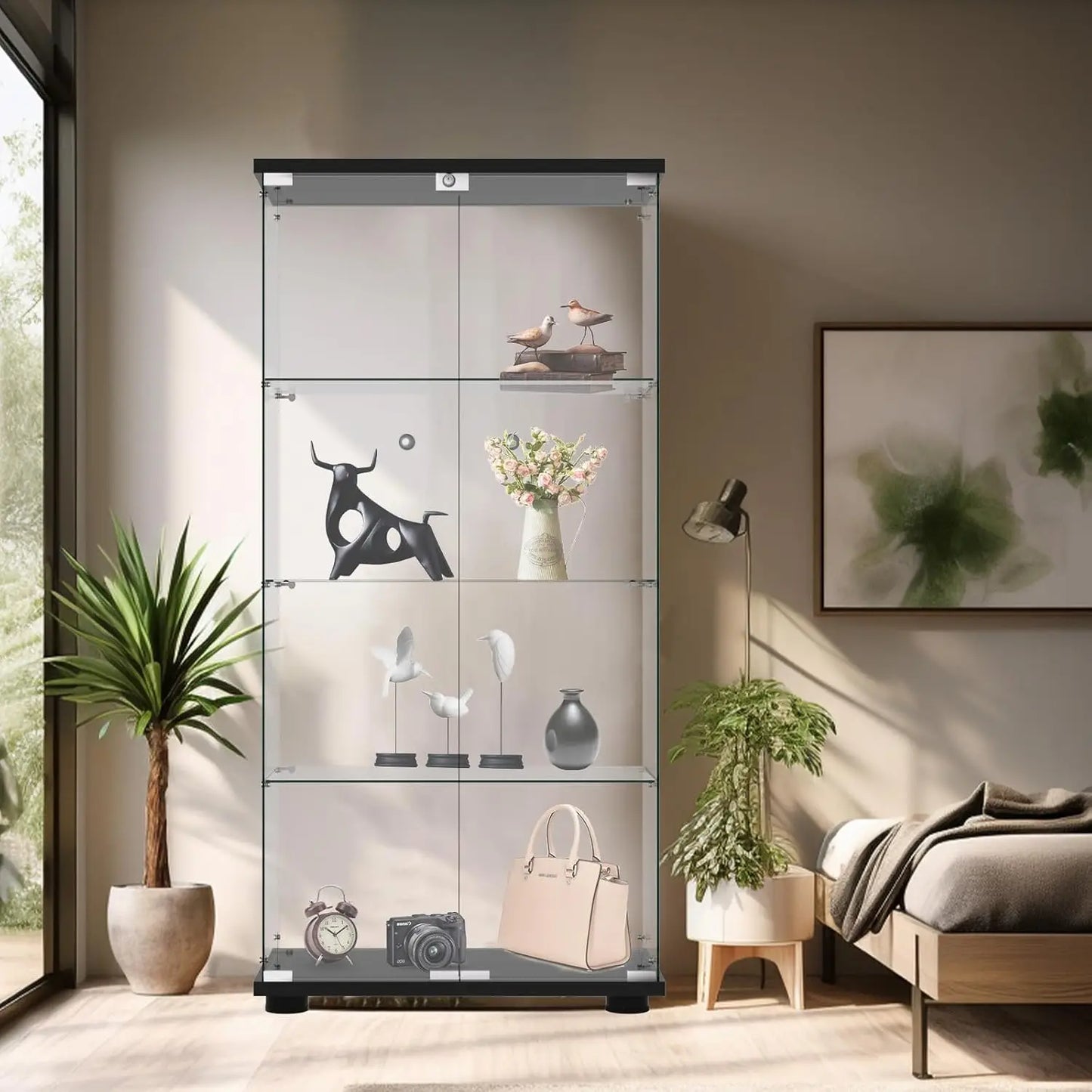 NEW Display Cabinet with Glass Door and Lock, 4-Shelf Fast Installation in 30 Mins Curio Cabinets, Living Room.
