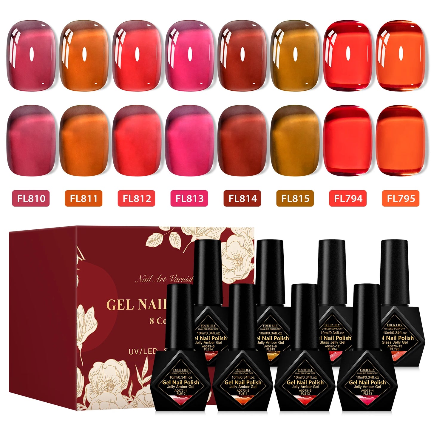 8pcs 10ml Jelly Glass Gel Nail Polish Set, Semi-transparent Red ,Purple Gel Polish Varnish, Nail Art Semi Permanent UV Gel Varnish.