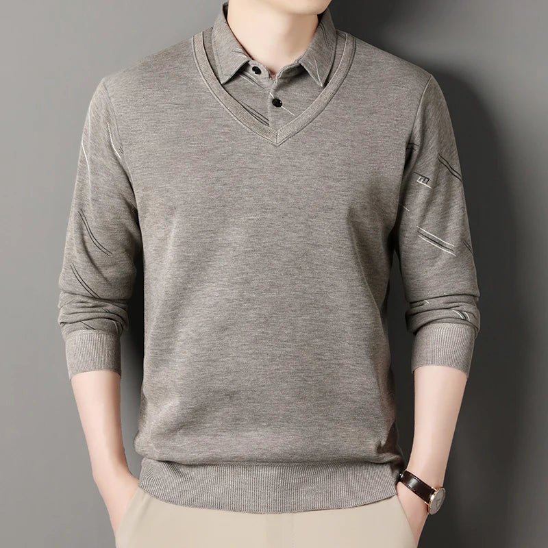 Men Fleece Lining Sweater Autumn Winter Pullover, Polo Shirt Collar Fake Two Piece Casual Knitwear.
