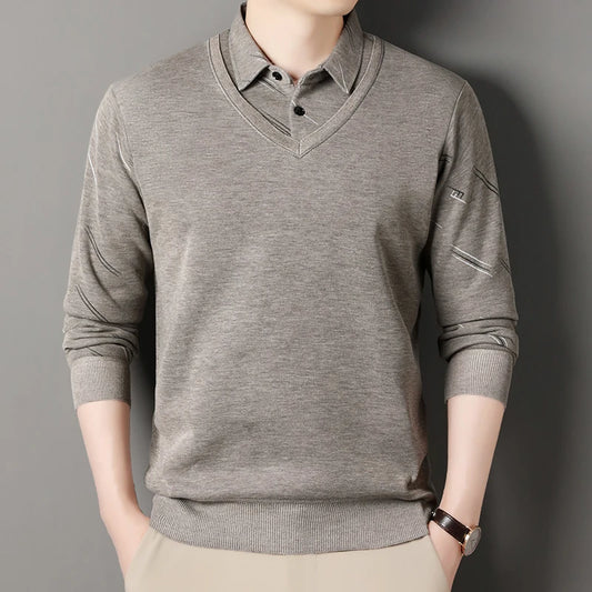 Men Fleece Lining Sweater Autumn Winter Pullover, Polo Shirt Collar Fake Two Piece Casual Knitwear.