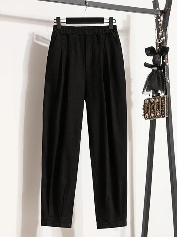 New 2024 Autumn Plus Size Jeans For Women High Elastic Waist Loose Blue Black Color.