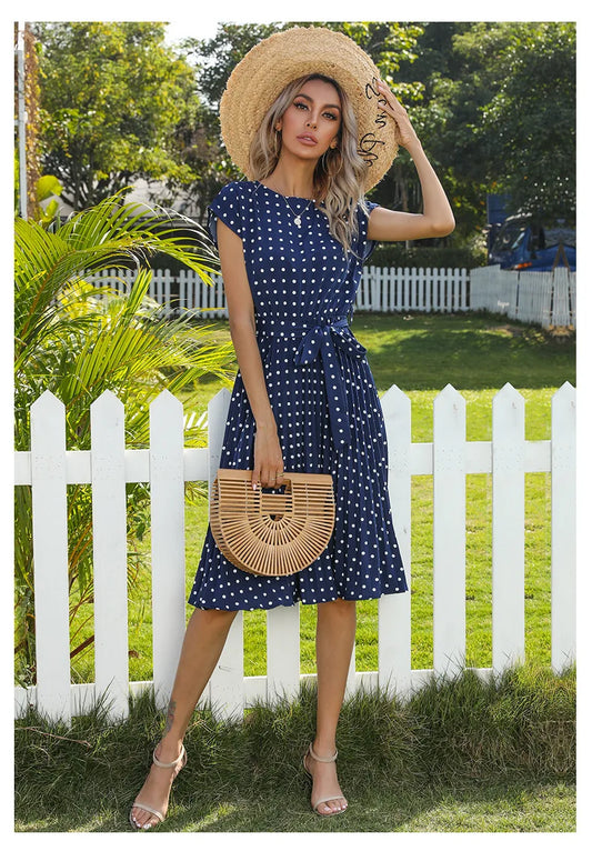 Summer Dresses For Women High Waist Midi Elegant Pleated Polka Dots , Dinner Party Vacation Dress.