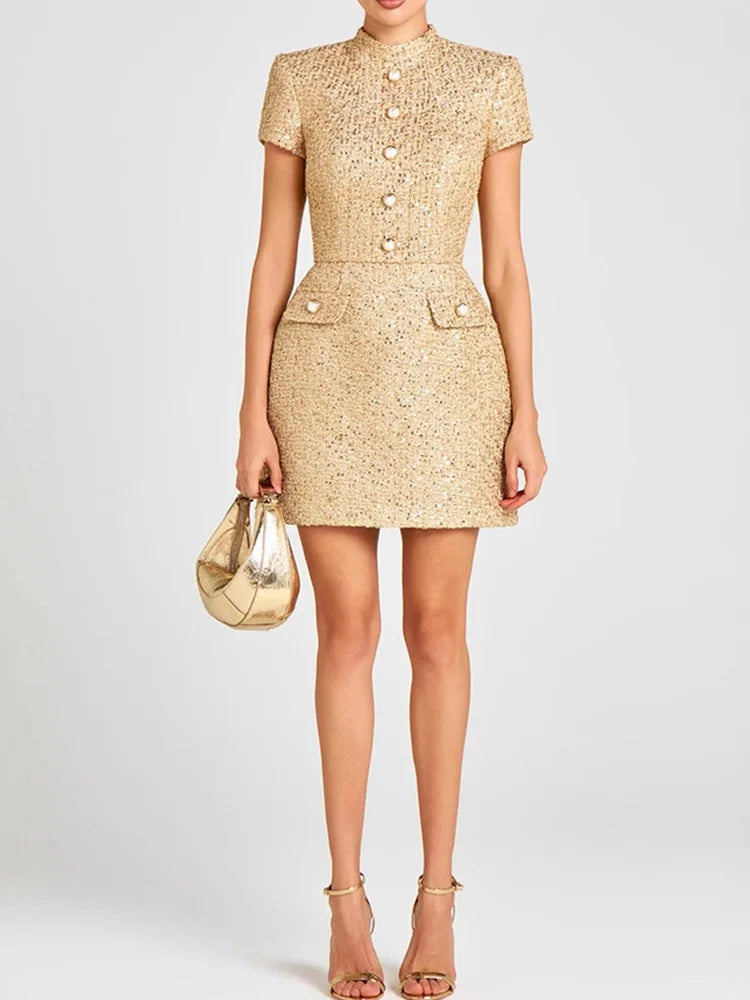 Elegant Dress for Women Vintage Short Sleeve Dresses, Solid Button Stand Collar Mini 2026 New Spring Summer Dress