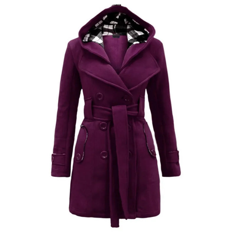 New Plaid Hooded Woolen Coat, Waist Belt Double Row Buttons, Mid-Length Outerwear.