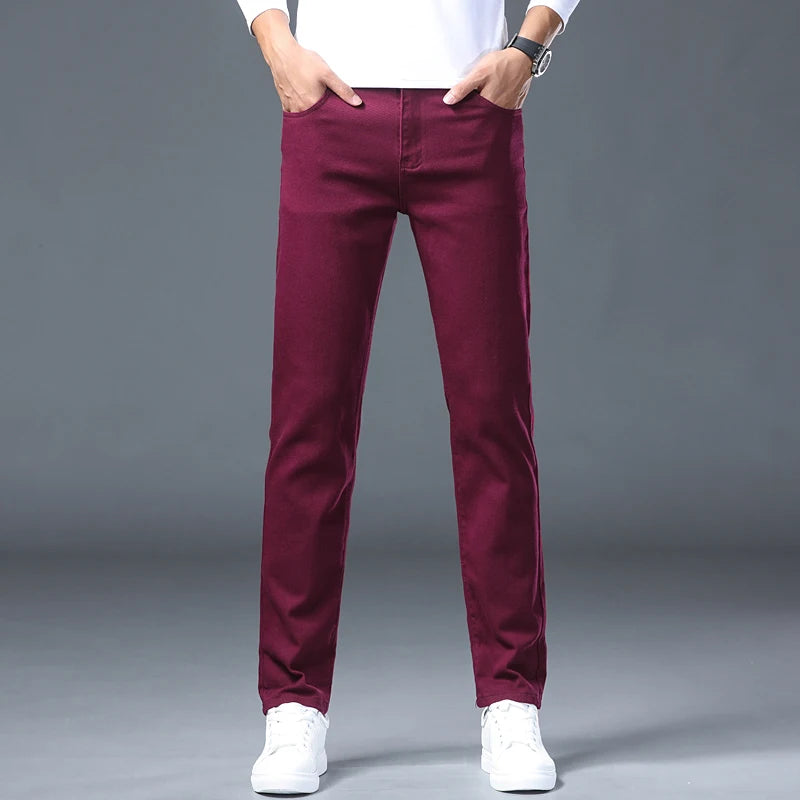 Men Fashion Classic Jeans Solid Color  Streetwear Trousers Stretch Slim-fit