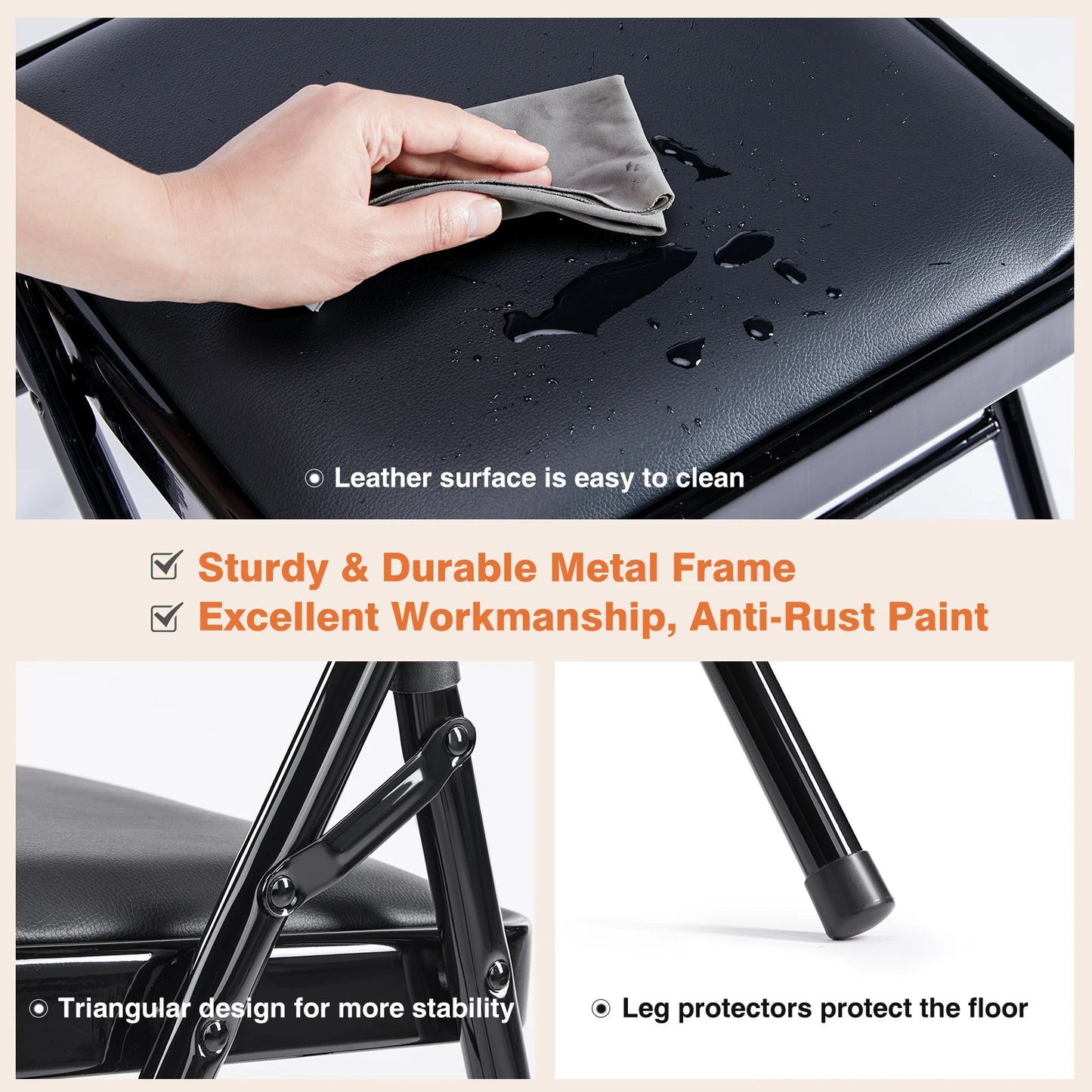 Leather Padded Folding Chair 4 Pack Sturdy Metal Chairs, easy Storage.