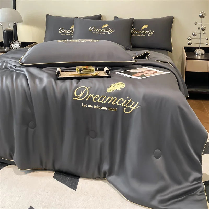 New Embroidery Summer Cool Quilt, Breathable Queen Comforter Set.