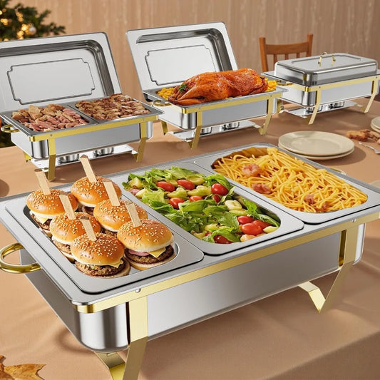 4 Pack 7 Pans Chafing Dish Buffet Set, 9QT Stainless Steel Food Warmers for Parties Events Weddings.