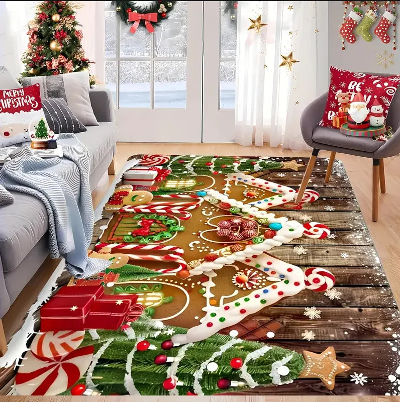 Christmas House Snowflake Area Mat, Red with Gold and White Snowflakes.