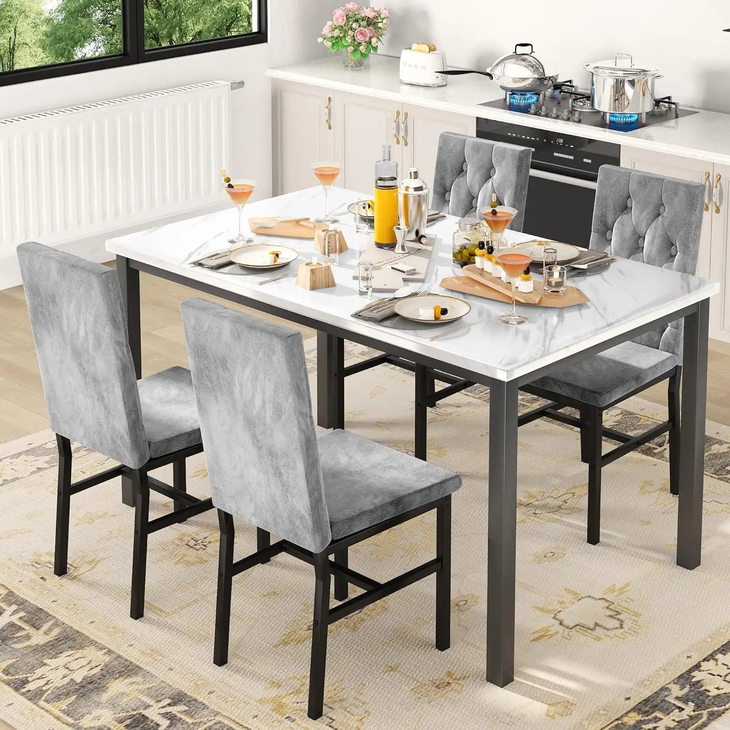 Dining Table Set for 4, Faux Marble Small Kitchen Table, Chairs Set of 4 with Luxurious Button Tufted Chairs.
