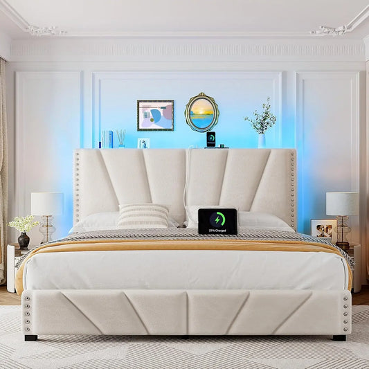 Velvet Headboard and LED Lights  Platform Bed with Charging Station King Size Bed Frame