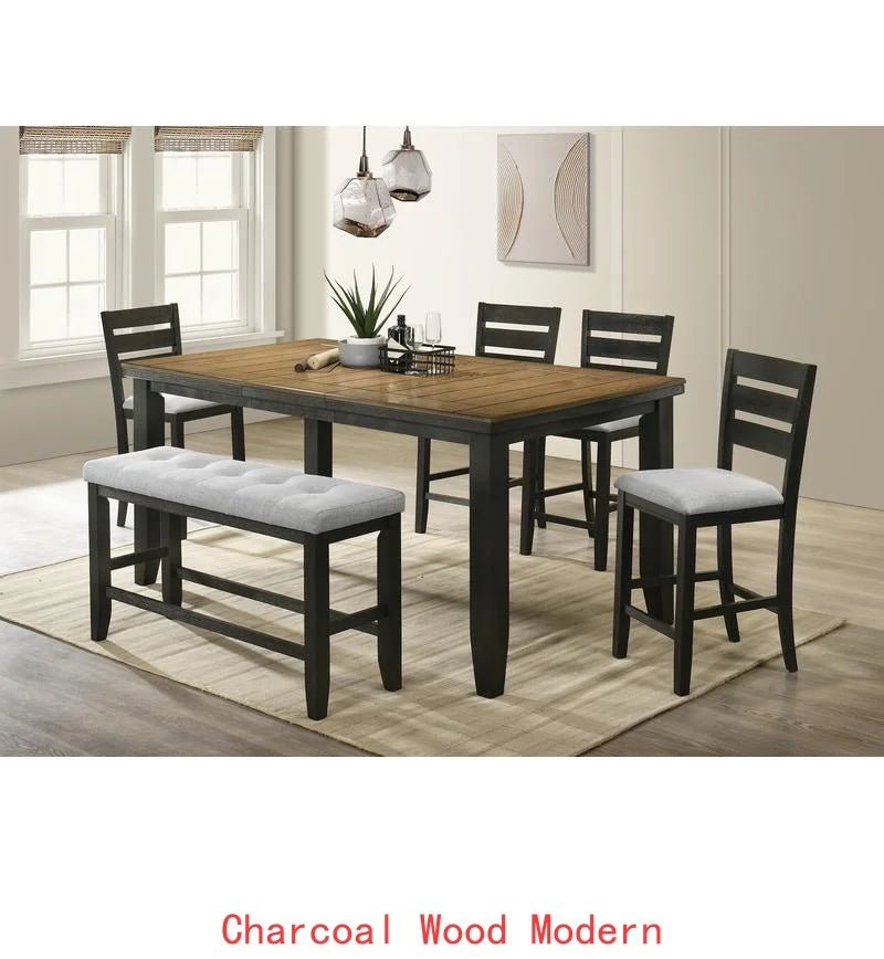 Contemporary 6-Piece Dining Set, 18" Extendable Leaf Table, Upholstered Chairs and Bench, Solid Wood, Brown Finish.