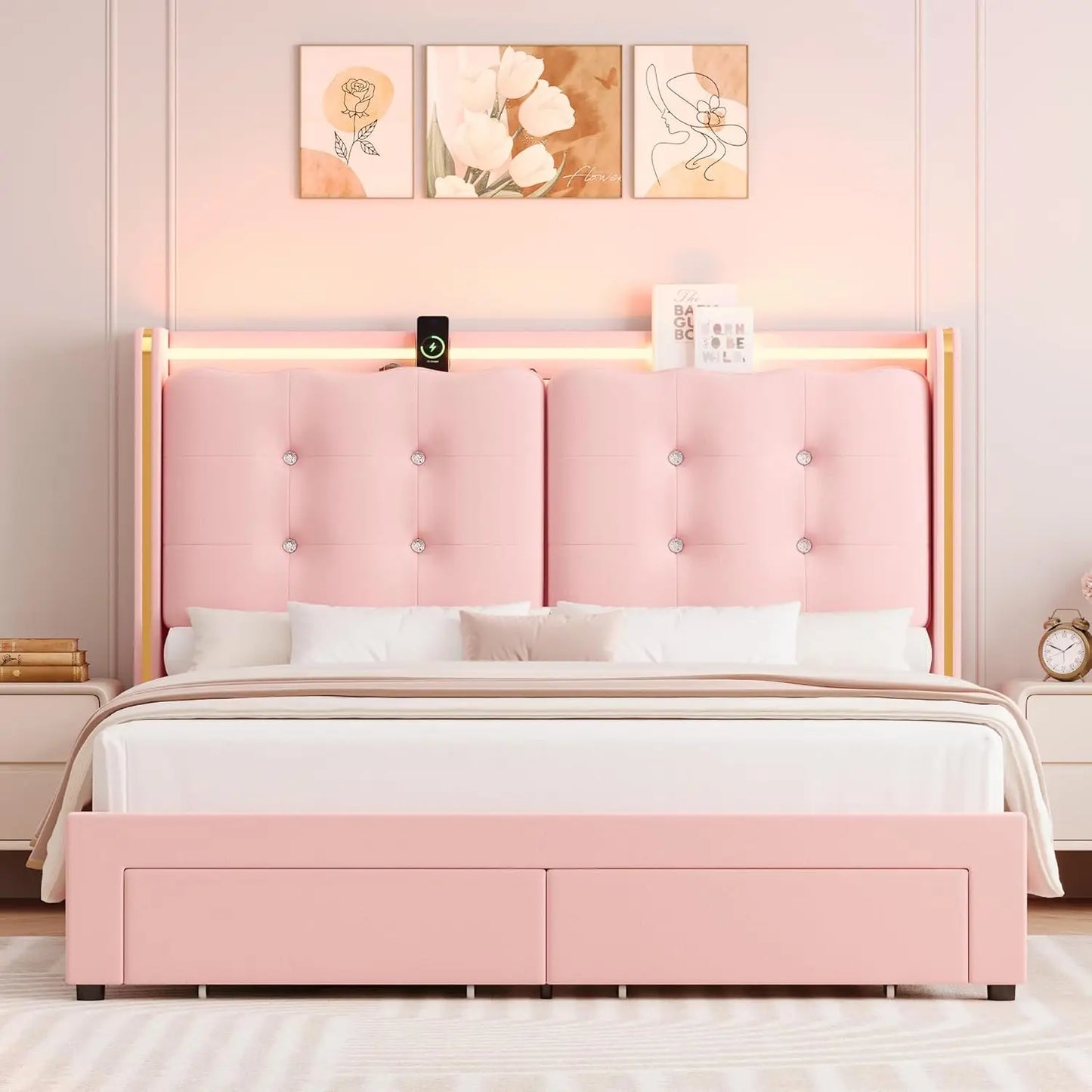 Upholstered Full Led Bed Frame with Charging Station and Storage Drawers Velvet Princess.
