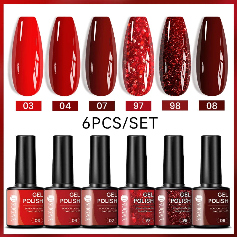7ml All Season Gel Nail Polish Set, Nude Pink, Red Glitter, Semi Permanent UV Gel Kits.