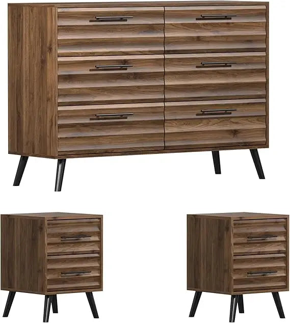 3 Pieces Bedroom Furniture Set, Rustic Wood 6 Drawer Dresser and Nightstands, Chest of Drawers.