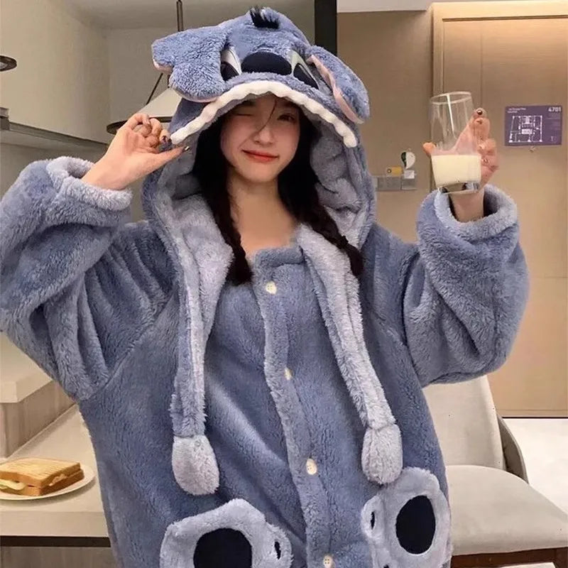 Disney Stitch Warm Fleece Lined Sleepwear Robe, Soft Material Men, Women Pajamas Set.