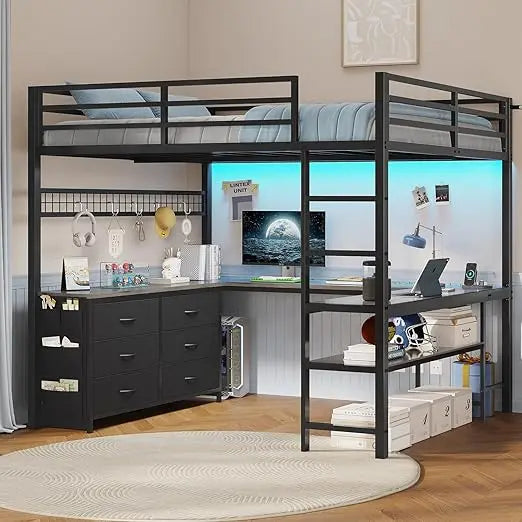 Loft Bed Full Size with U-Shaped Desk, 6 Storage Drawers, Power Outlet, LED.