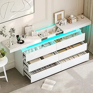 Modern 6-Drawer Dresser, White Storage Cabinet with LED Lights.