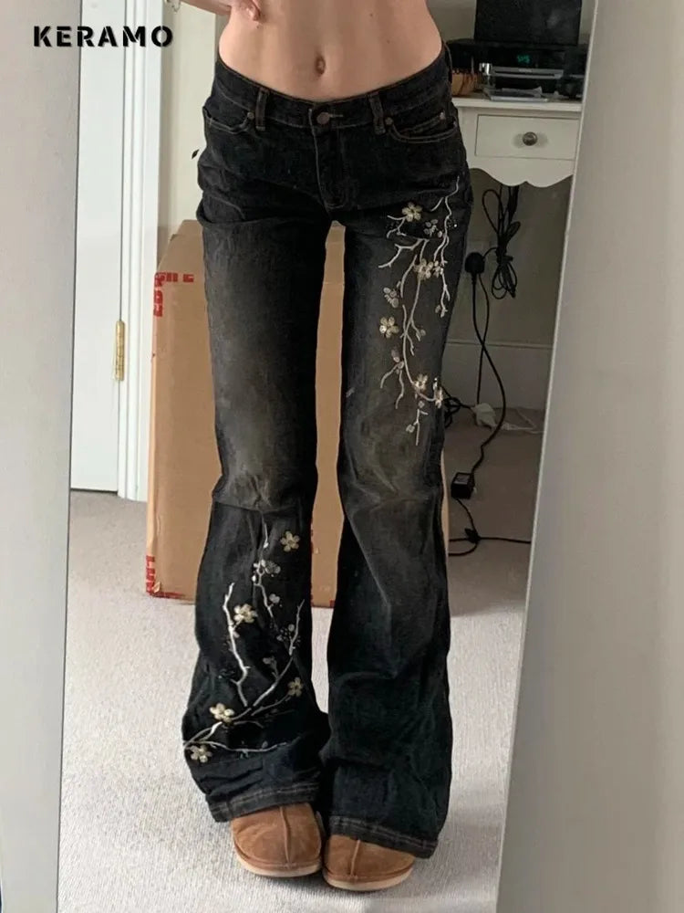 Wee keep Floral Embroidery Jeans Vintage 2000s Low Rise Women Retro y2k Baggy Denim Pants.
