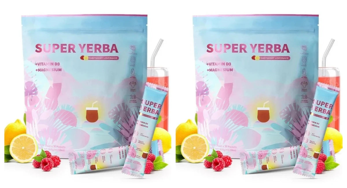 Yerba Instant Powder 30 Packets, Contain Raspberry Lemonade Flavor, Vitamin D3 Prebiotics Support Gut Clean and Provide Energy.