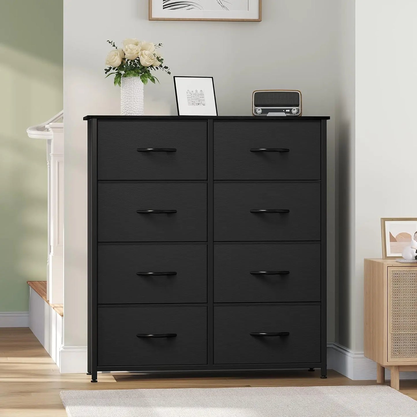 8-Drawer Black Fabric Dresser, 44 Inch Tall Storage Tower for Bedroom.