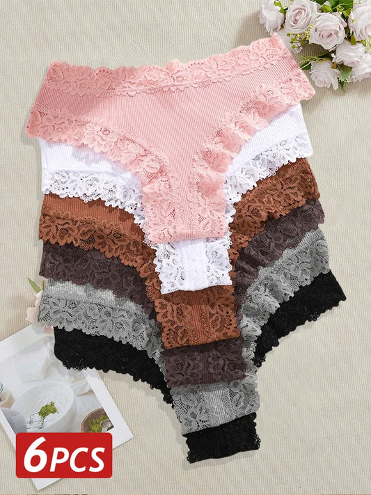 6PCS/Set Women Sexy Lace Brazilian Panties, Low-Waist Elastic Underwear S-XL.