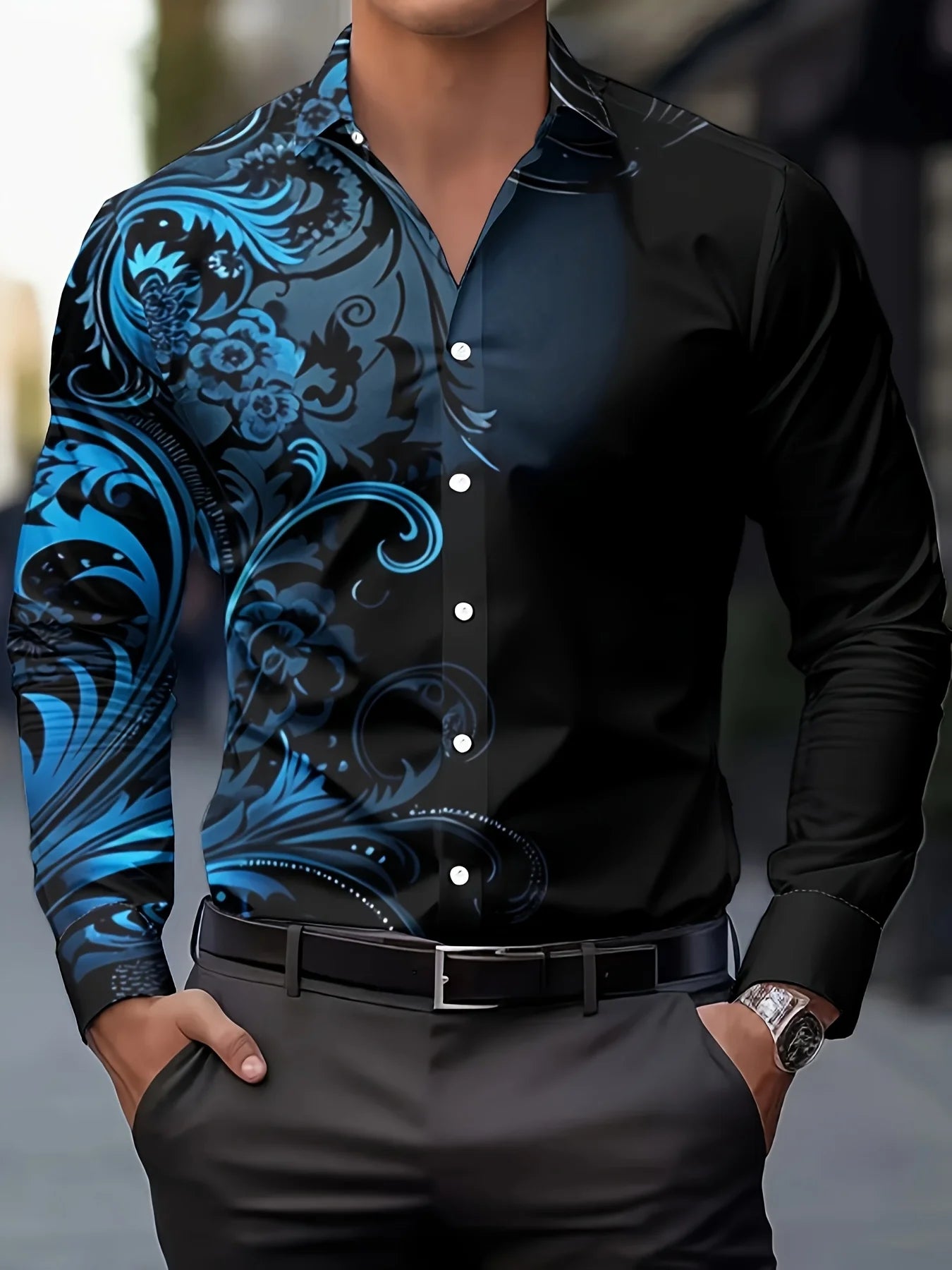 Men Stylish Red Floral Print Dress Shirt - Casual Long Sleeve Button-Up Design.