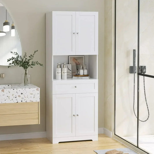 Meubles de rangement hauts de salle de bain personnalisables, armoire de rangement à linge moderne.