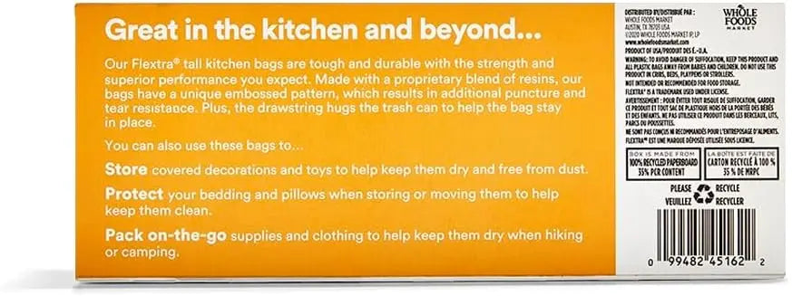 Extra Strong 13 Gallon Drawstring Kitchen Trash Bags, 20 Count - Puncture Resistant & Secure Fit.