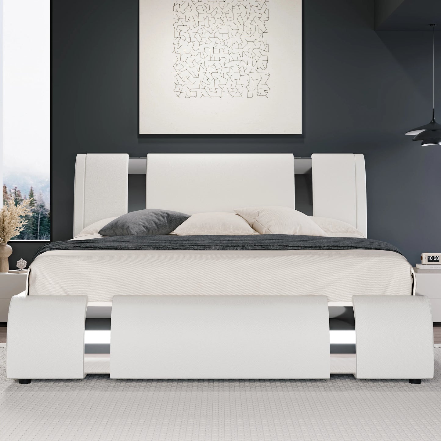 Modern Faux Leather Bed Frame with Iron Pieces Decor, Low Profile Platform Bed with Height-Adjustable Headboard.
