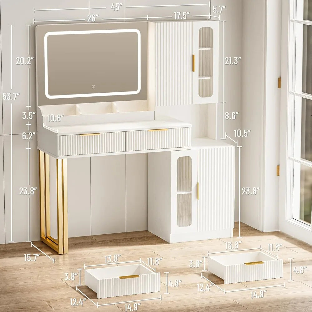 45" LED Makeup Vanity Desk with Mirror, Lights, USB Outlet & Storage for Bedroom.