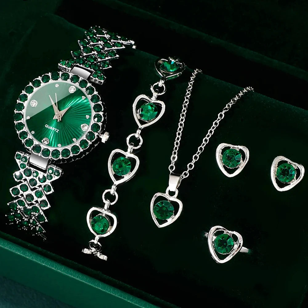 Women Fashion Watches Heart Rhinestone, Ring ,Necklace ,Earring  Jewelry Set.