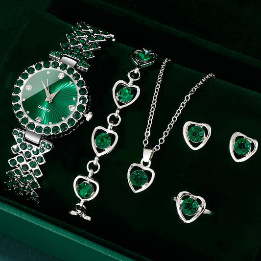 Women Fashion Watches Heart Rhinestone, Ring ,Necklace ,Earring  Jewelry Set.
