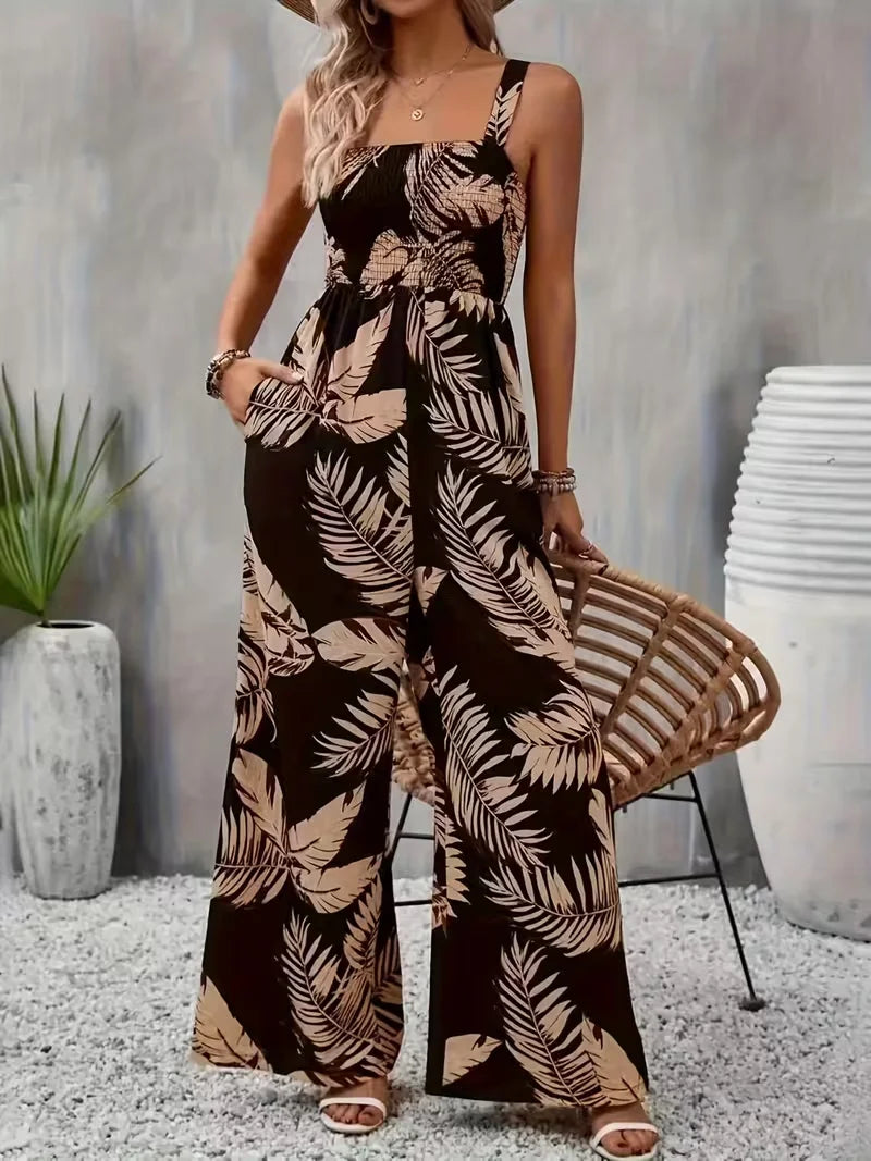Women's summer elegant back hugging tropical printed overalls.