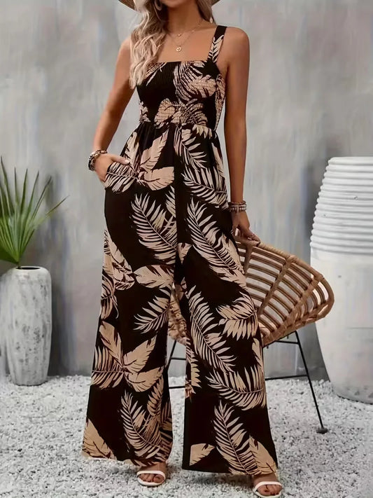 Women's summer elegant back hugging tropical printed overalls.