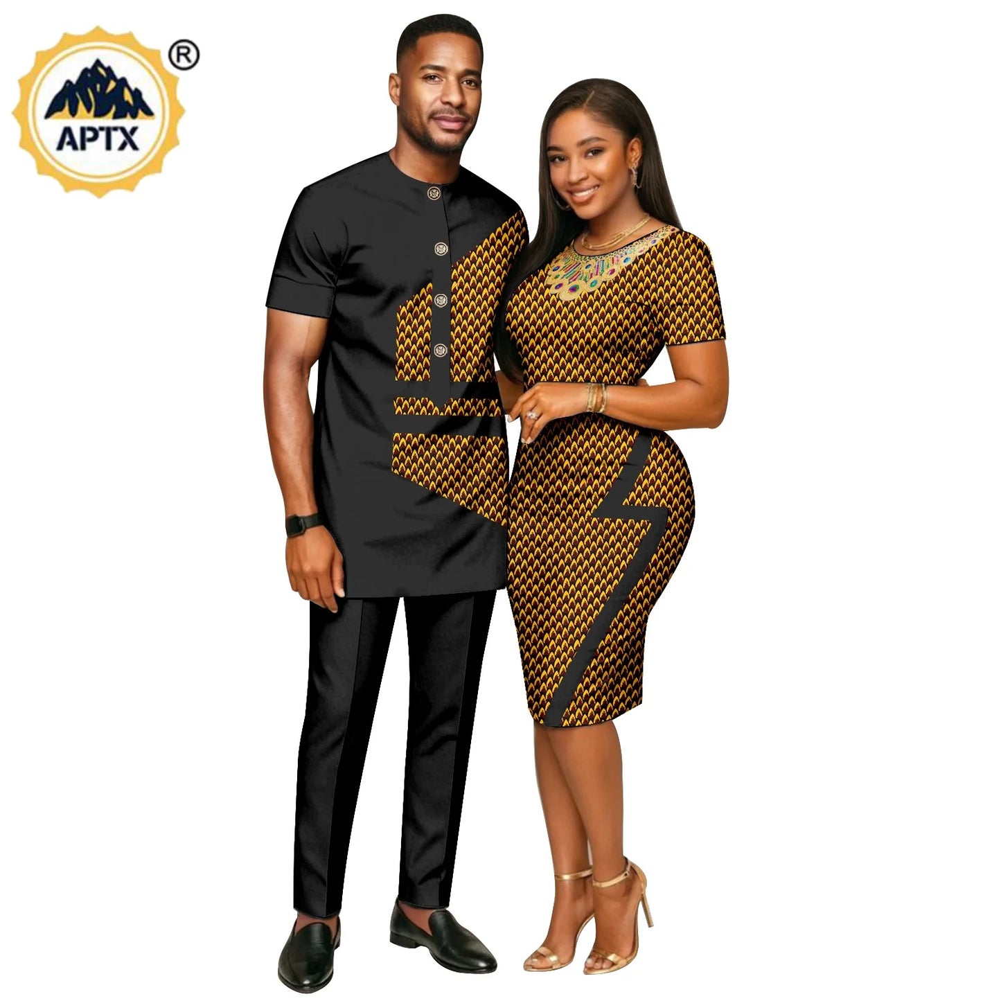 African Print Slim Hip Knee-length Dresses for Women, Matching Couple Outfits Dashiki Men Patchwork Top and Pant Sets 26C019.
