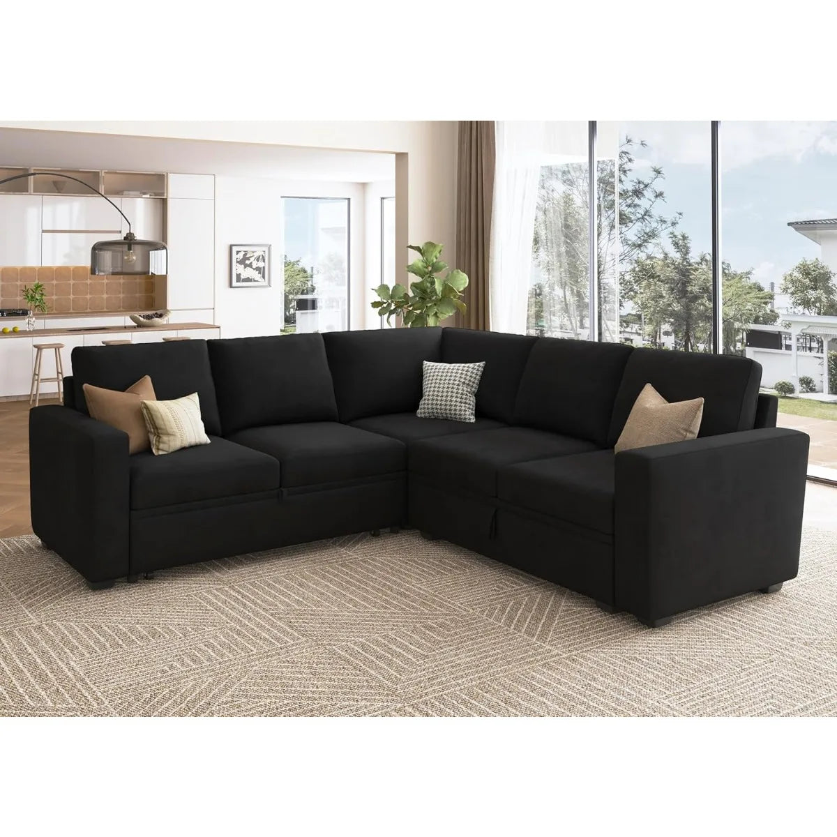 L-Shaped Sleeper Sofa with Pull Out Bed, Velvet Sectional with Storage, Black.