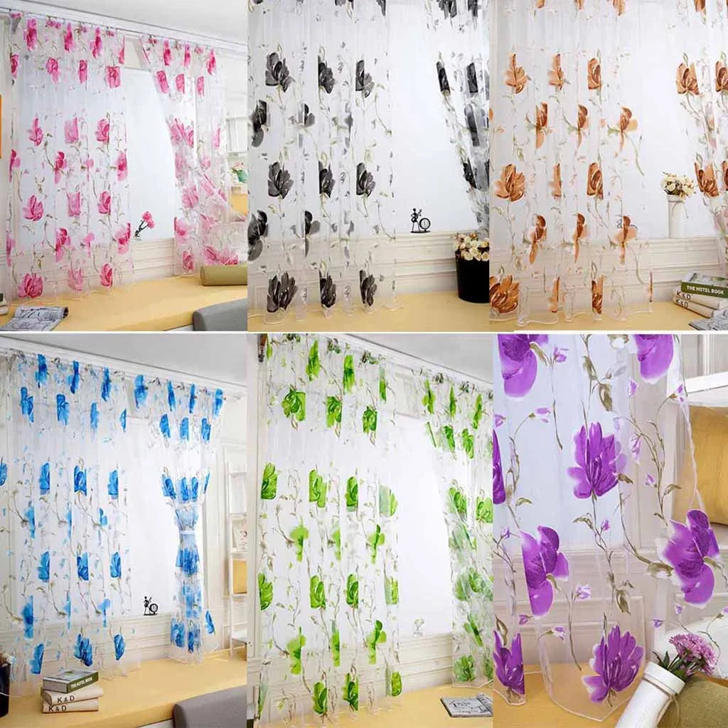 Floral Tulle Curtains For Living Room, White Sheer Curtains For Bedroom, Short Kitchen Window Curtains.