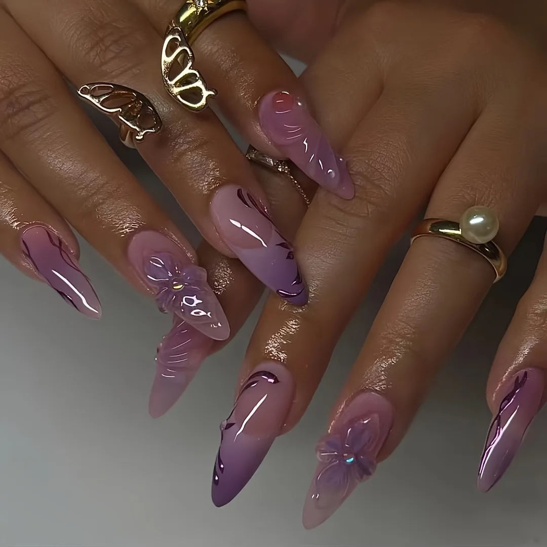 24Pcs Mid-length Almond Press on Fake Nails,3D Ripple Heart ,Pearl Star, Blue Smudge Detachable Full Cover Nails Tips.