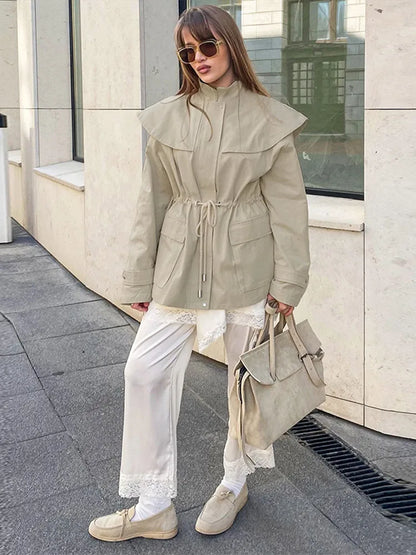 Women's Khaki  Drawstring Utility Style Jacket