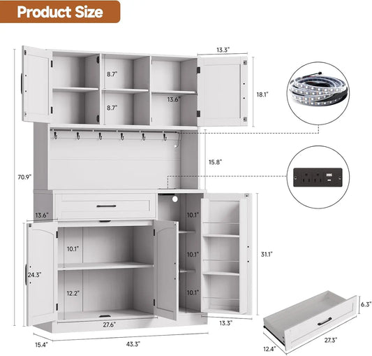 Mueble de despensa de cocina de 180 cm con luz LED y toma de corriente - Aparador con estante para microondas, 6 ganchos, almacenamiento en la puerta, cajón y estantes.