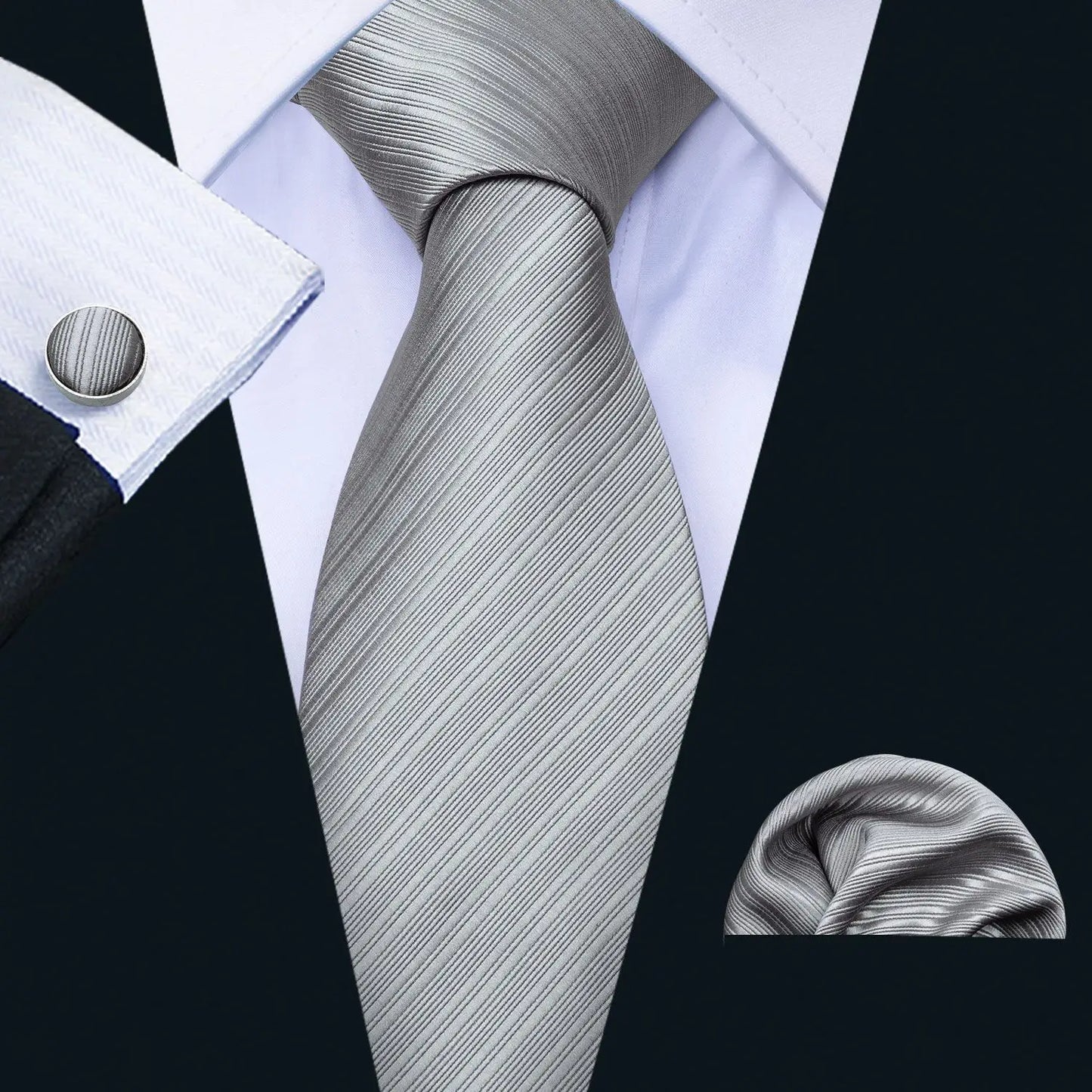 Black White Gray Silver Men Tie Handkerchief Cufflinks Set.