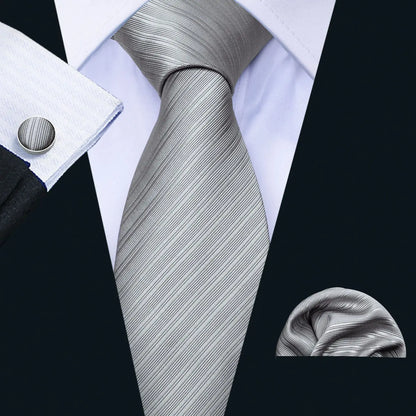 Black White Gray Silver Men Tie Handkerchief Cufflinks Set.