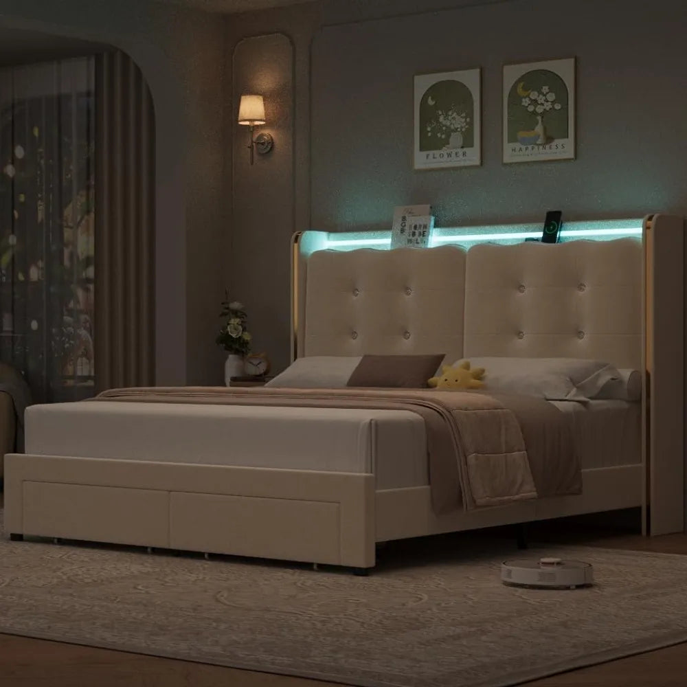 Upholstered Full Led Bed Frame with Charging Station and Storage Drawers Velvet Princess.