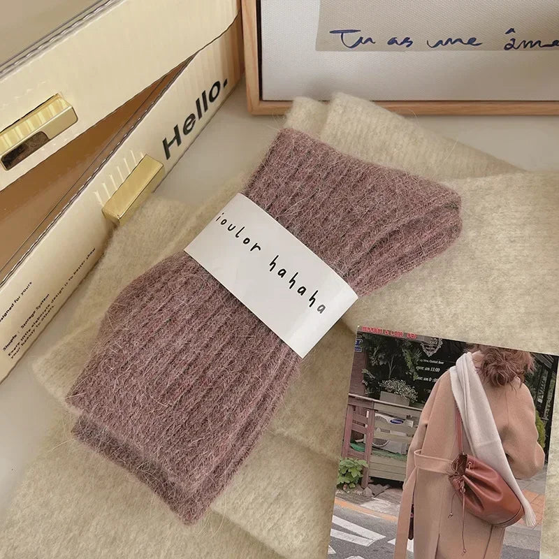 Thick Warm Women's Cashmere Wool Socks Solid Color Long Sox for Ladies