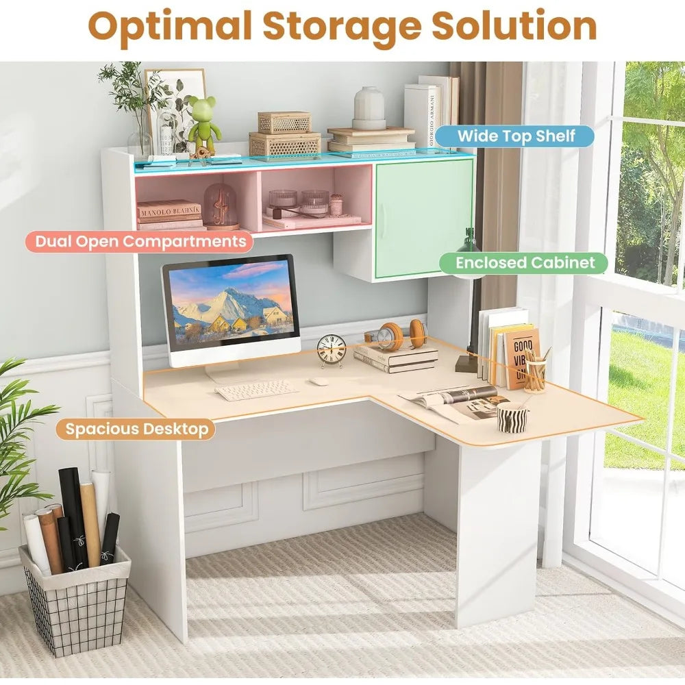 L Shaped Desk with Hutch, White Corner Desk with Storage Shelf & Cabinet, Laptop PC Table.